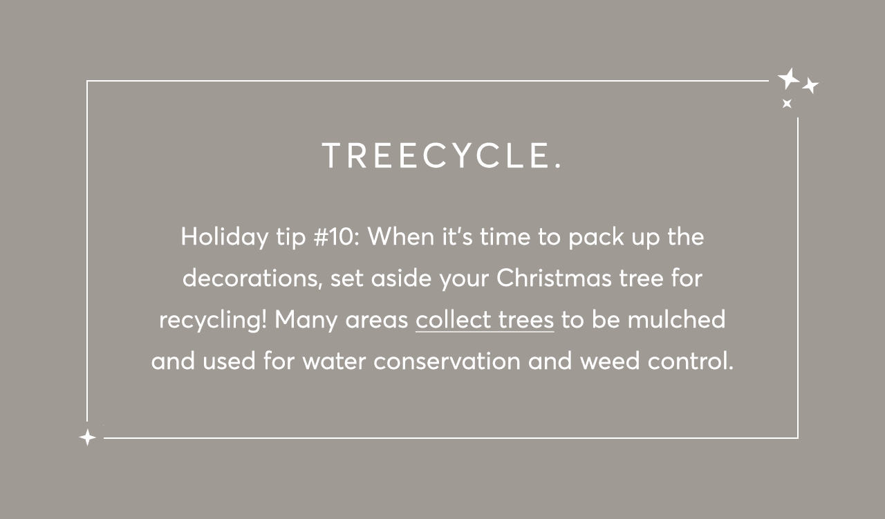 Holiday tip #10: When it’s time to pack up the decorations, set aside your Christmas tree for recycling! Many areas collect trees to be mulched and used for water conservation and weed control.