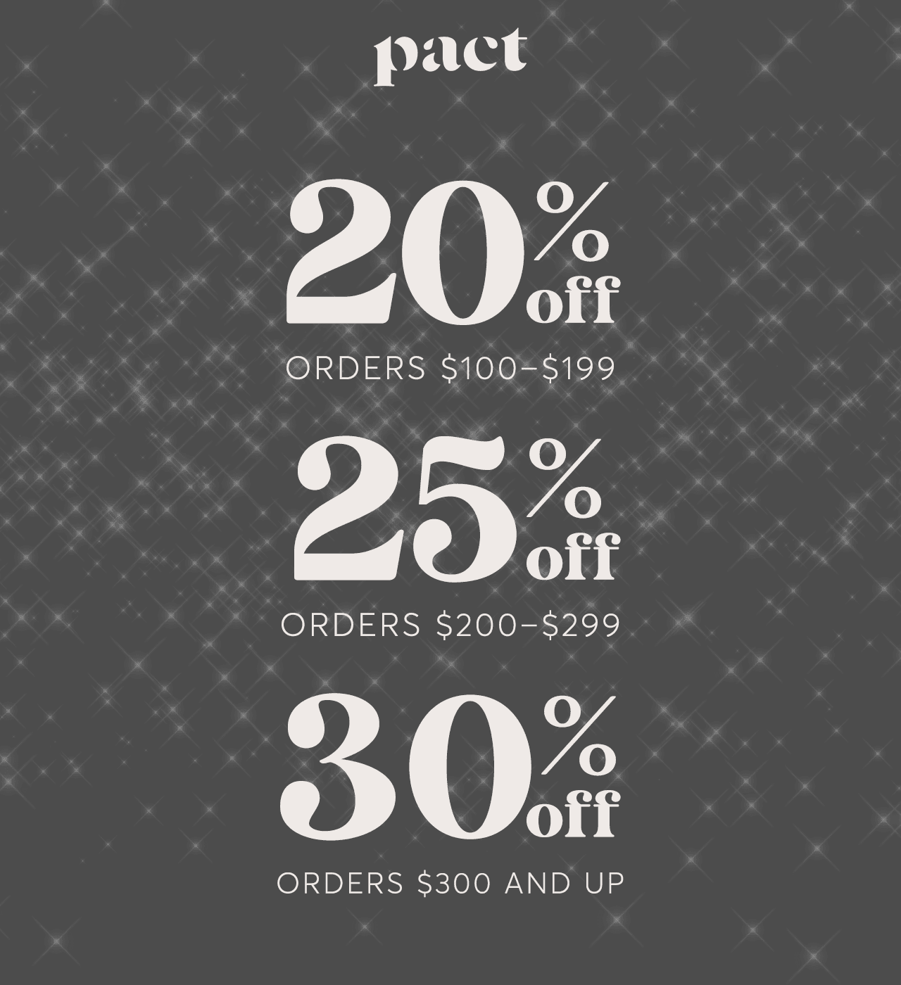 20% off orders $100+, 25% off orders $200+, 30% off orders $300+