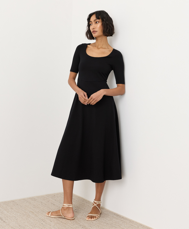 (取寄) パクト レディース フィット アンド フレア スクープ ミディ ドレス PACT women Fit & Flare Scoop Midi Dress Black Women's Fit & Flare Signature Scoop Dress made with Organic Cotton