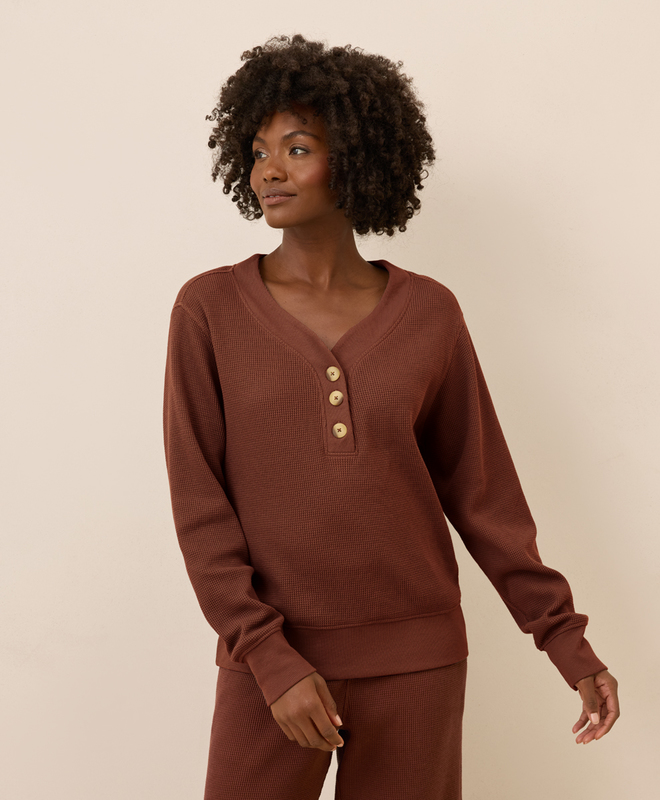 Women's Clearance Thermal Waffle Henley Pullover made with Organic