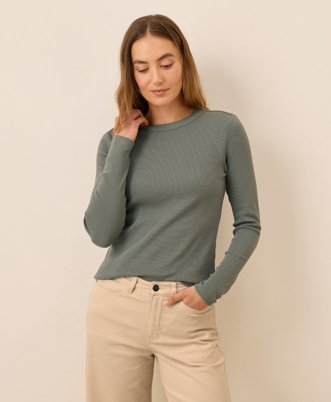 PACT Women's Sesame Perfect Rib Crewneck Long Sleeve Tee XS